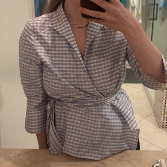 Blue and White Checkered Women's Blouse - Picture 1 of 4